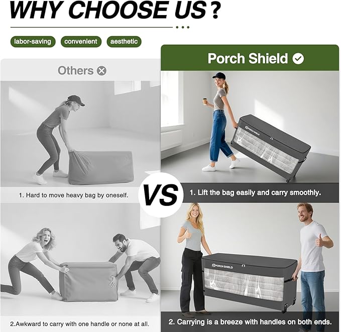 Porch Shield Rolling Cushion Storage Bag with Wheel - Heavy Duty Large Container for Furniture Pillow 7.5 Ft Tree Christmas 48" L x 15" W x 22" H