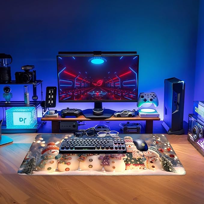 Six Snowmen Gaming Mouse Pad 31.5"x11.8"Desk Mat Anti-Slip Rubber Base & Durable Stitched Edges for Gamers Smooth Mouse Writing Surface for Desk Office/Home
