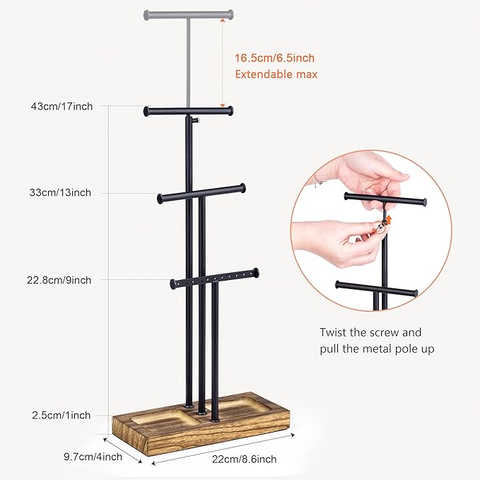 Love-KANKEI Jewelry Organizer Stand Metal & Wood Base and Large Storage Necklaces Bracelets Earrings Holder Organizer Gift Black and Carbonized Black