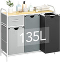 Yecaye Laundry Sorter 3 Section, Laundry Hamper with Shelf and 1 Drawer, 35.7Gal(135L) Clothes Basket Organizer, Pull-Out and Removable Oxford Fabric Laundry Bags for Laundry Room, Bedroom, Bathroom