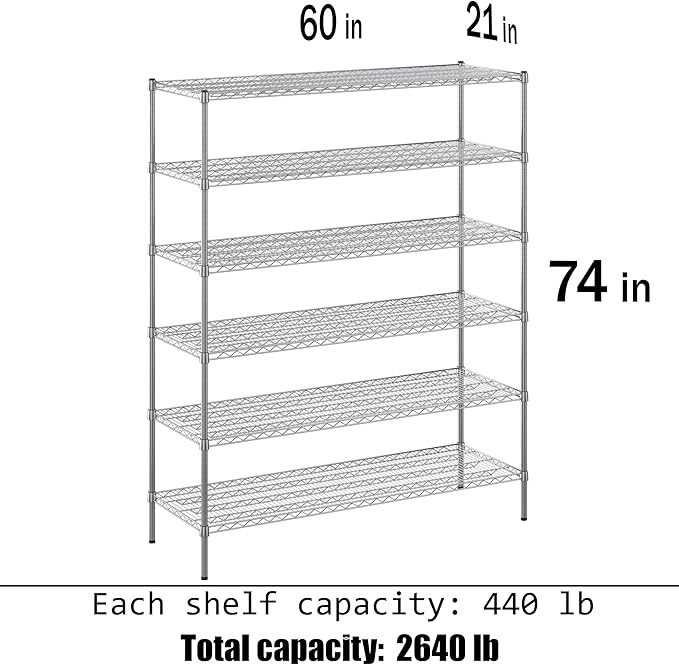 21" Deep x 60" Wide x 74" Height Wire Shelving Kit | 6-Tier | NSF Commercial Storage Rack Unit