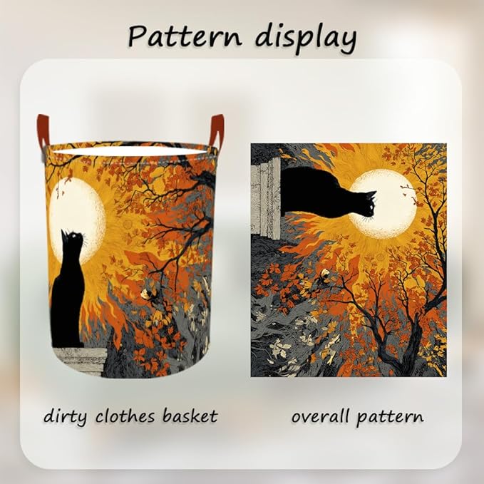Laundry Baskets 15.7x19.7 Inch Black Cat Autumn Sunset Tree Design Collapsible Laundry Hamper with Handles Oxford Fabric Clothes Storage Bin Foldable Dirty Clothes Organizer for Bedroom Bathroom