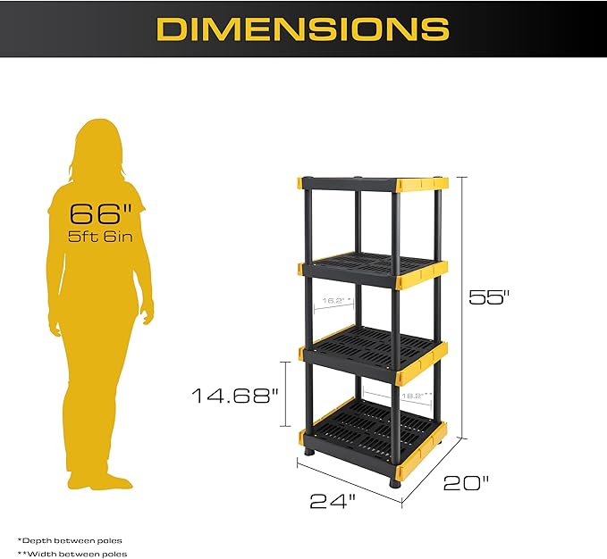 BLACK & YELLOW 4-Tier Heavy Duty Plastic Storage Shelving Unit, 100lbs/shelf (55H x 24W x 20D), for Indoor/Outdoor Organization, Modular Rack, Extremely Durable, Made in The USA