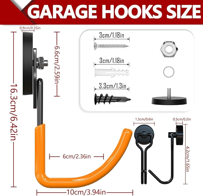3-H Heavy Duty Magnet Garage Hooks 4 Pack, J Shape Strong Magnetic Hooks for Hanging Cordless Power Drill, Utility Magnetic Tool Holder for Metal Cabinet, Steel Pegboard, Toolbox, Garage(Orange)