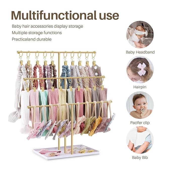 POVETIRE Headband Holder Stand Storage for Baby, 3 Tier Wooden Bow Organizer for Girls Hair Bows, Infant Hair Accessories Rack Display for Nursery Decor