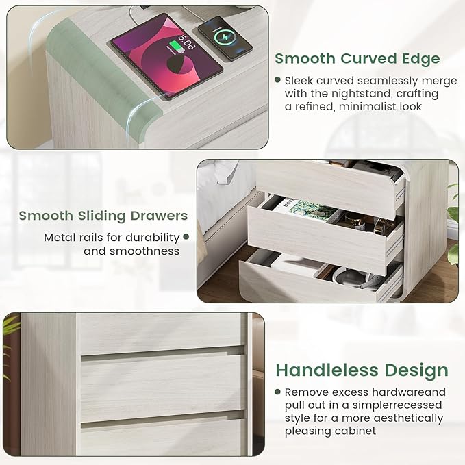 White Nightstand with Charging Station, 25" Tall Wood Bedside Table, Modern Curved End Table with 3 Storage Drawers Night Stand for Bedroom, Dorm, Sofa, Office