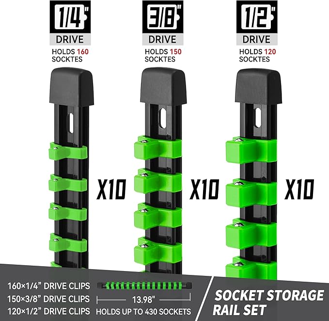 Socket Organizer Drive ABS Tools - Green Socket Holder, Premium Quality 30 Pieces Socket Holders Kit 1/4-Inch x 160 Clips, 3/8-Inch x 150 Clips, 1/2-Inch x 120 Clips（30PC,Green)