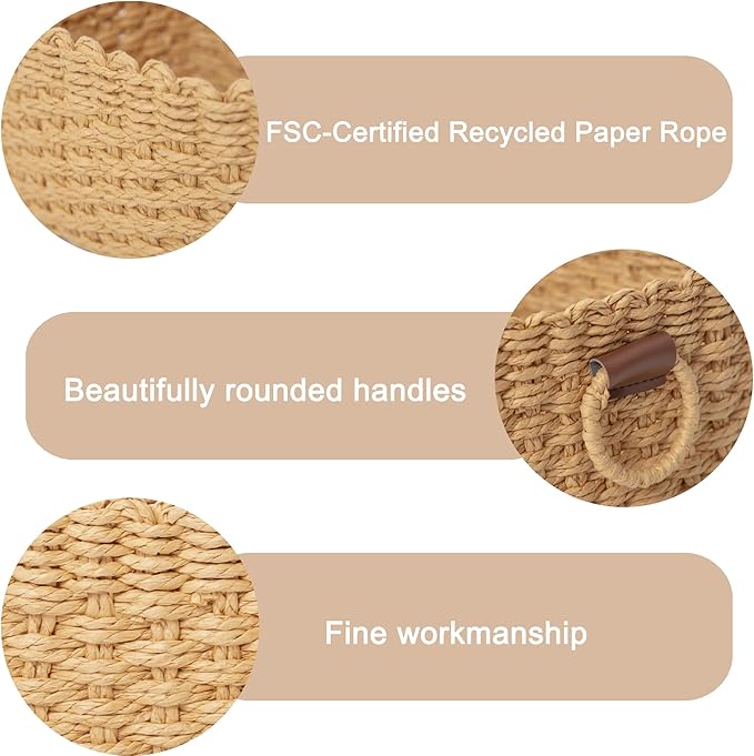 Small Paper rope baskets for Organizing,Cute woven storage Little basket for Home，Shelves, Bathroom,Decorative basket,Set of 3 (Desert color)