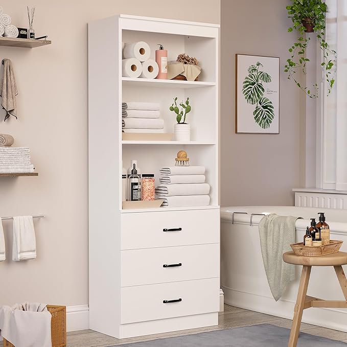 oneinmil 70" H 6-Tier Bookshelf with 3 Drawers, White Bookcase with 3-Tier Open Shelves, Tall Book Shelf with Storage Space, Wooden Storage Cabinet for Living Room, Bedroom, Office (White, 6-Tier)