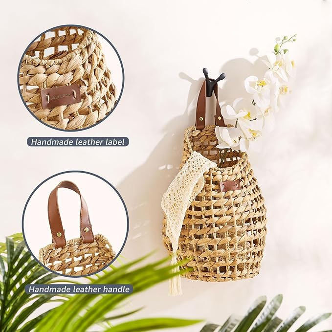 Woven Front Door Basket Water Hyacinth Wall Hanging Basket Decorative Boho Mounted Organizer for Dried Flower Plants Storage Basket for Garden, Home, and Farmhouse Décor (B_Hyacinth)