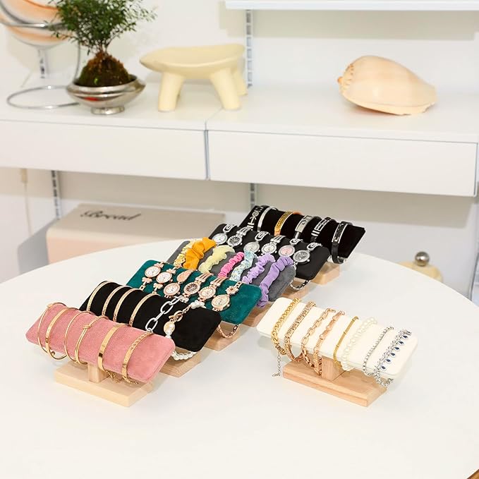 Wooden Watches Display Stands Base Watch Necklace Bracelet Organizer Rack Bangle Scrunchie Headband Showcase Stands Exterior Velvet Black