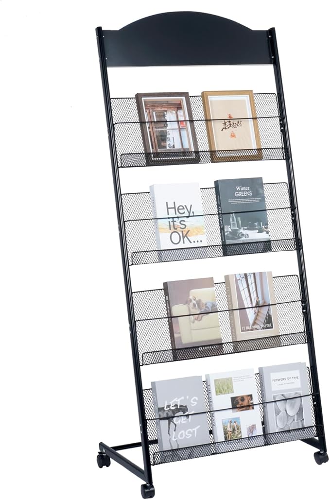 lesolar Floor-Standing Magazine Rack 4-tier Newspaper Holder Book Display Shelf Brochure Display Stand Floor Suitable for Exhibitions Shopping Malls Hospitals Offices School (Black)