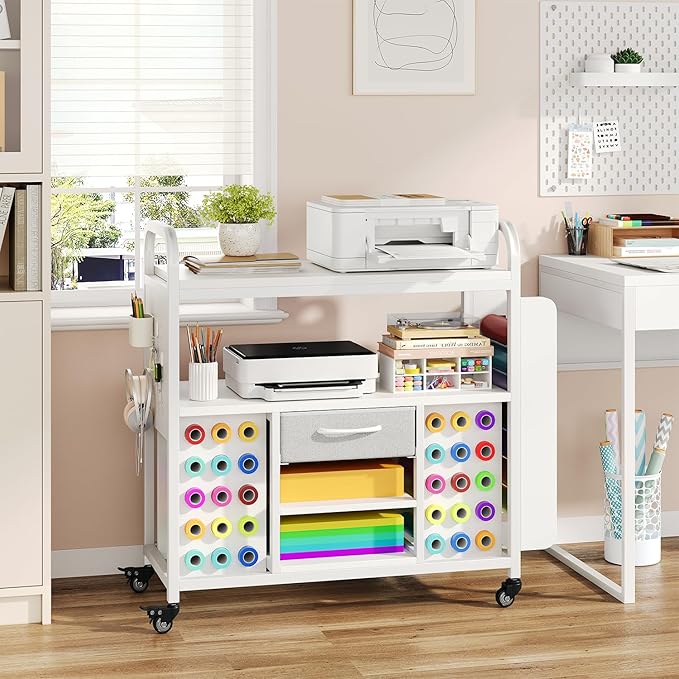 Craft Organization and Storage Cart, Large Rolling Craft Organizer Workstation with Vinyl Roll Holder & Hook up, Cutting Machine Stand Compatible for Cricut Machines, Craft Room