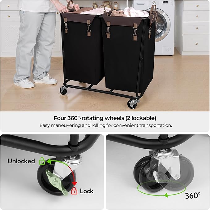 StorageWorks 280L Large Lanudry Hamper with Wheels, Laundry Basket with Wheels 2 Sections, Clothes Sorter Cart with Divider for Hotel, Home, Black, 1-Pack