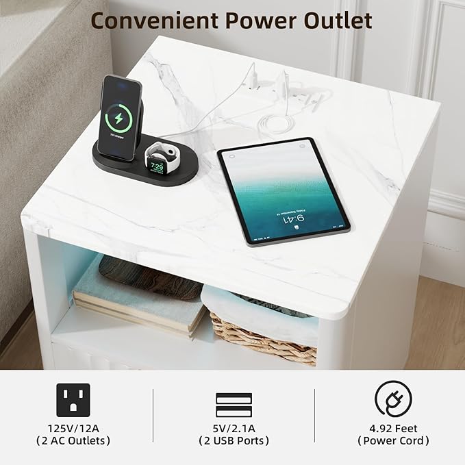 VOWNER Fluted Nightstand with Charging Station, 18” Night Stand with 2 Drawers, Faux Marble Top End Table with Storage Shelf, Curved Profile Side Table, Bedside Table for Bedroom Living Room, White