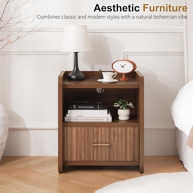 Night Stand with Charger Station, Fluted Nightstands Set of 2 with Drawer, Modern Bedside Table Set of 2, Wide Nightstands for Bedroom, Mid Century Wooden Night Stands for Home Sofa Couch