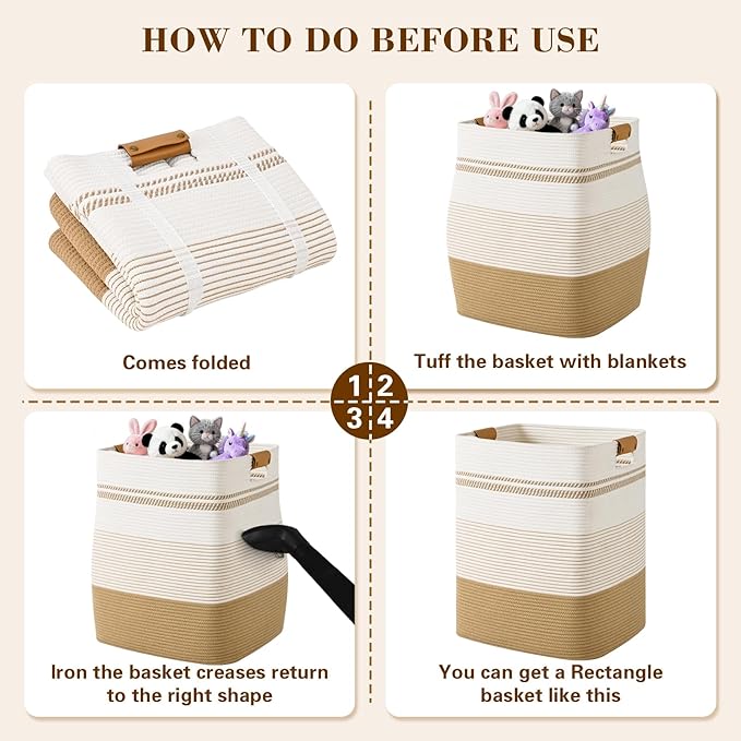 Laundry Hamper, 85L Tall Laundry Basket with Leather Handles, Rectangle Large Clothes Hamper for Organizing, Cotton Woven Laundry Baskets Storage Hampers for Bedroom, Nursery, Living Room