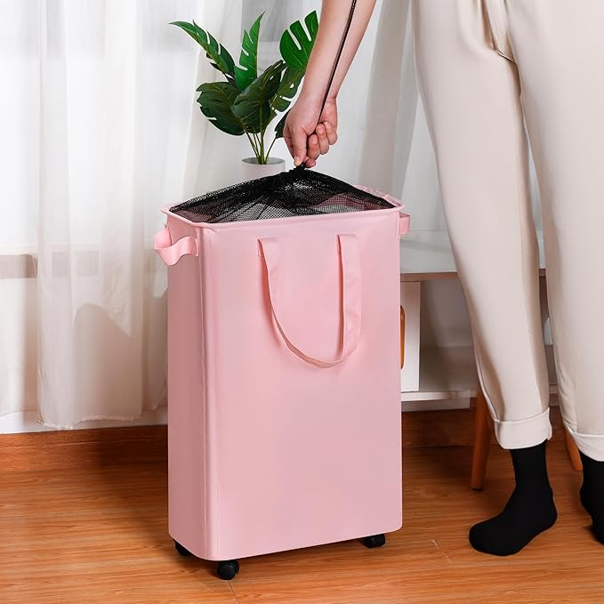efluky Slim Laundry Hamper with Wheels, Rolling Laundry Basket for Clothes, Small Laundry Basket for Bedroom, Dorm and Laundry Room, 60L (12.7 Gallons) Pink