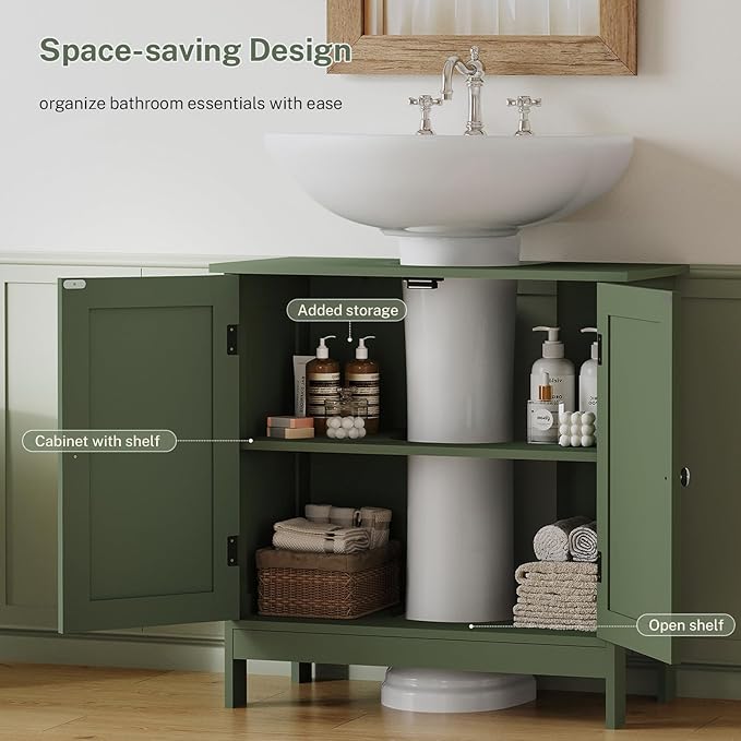 TEENFON Pedestal Sink Storage Cabinet, Under Sink Cabinet with 2 Doors & Shelf, Under Bathroom Sink Cabinet, Pedestal Sink Storage for Bathroom, Green
