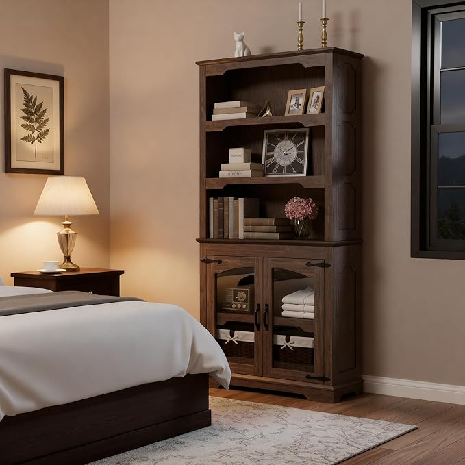 70 Inch Farmhouse Bookcase, Walnut Two-Tone Shelves, 5 Tier Bookshelf with Arched Trim Glass Doors, Living Room Storage Cabinet Unit, 31.5x11.8 Inches (Walnut, Glass Doors Storage)