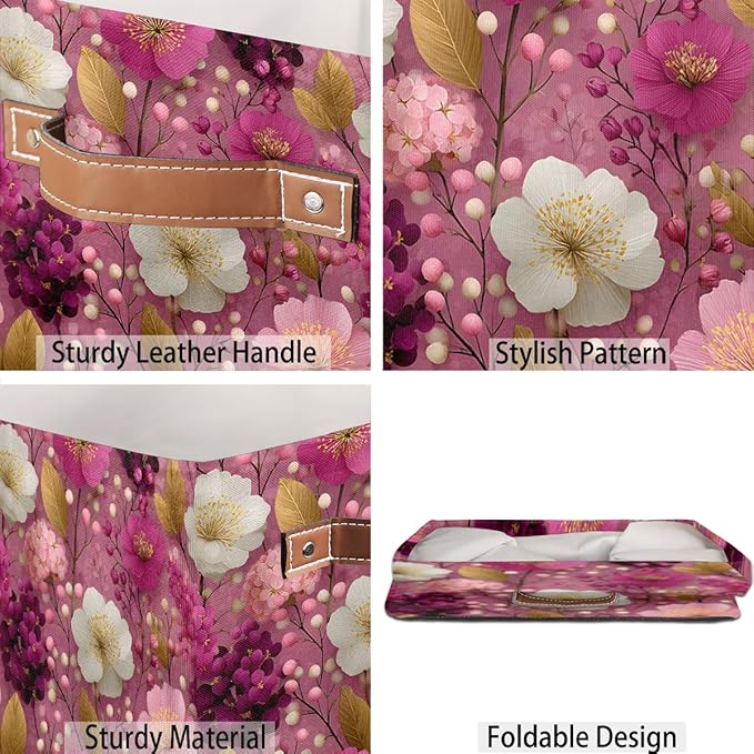 TropicalLife 13x13x13 Inch Large Fabric Storage Cube Pink Floral Print Foldable Storage Bin with Handles Organizer Boxes Cube Basket for Shelves Organizing Closet