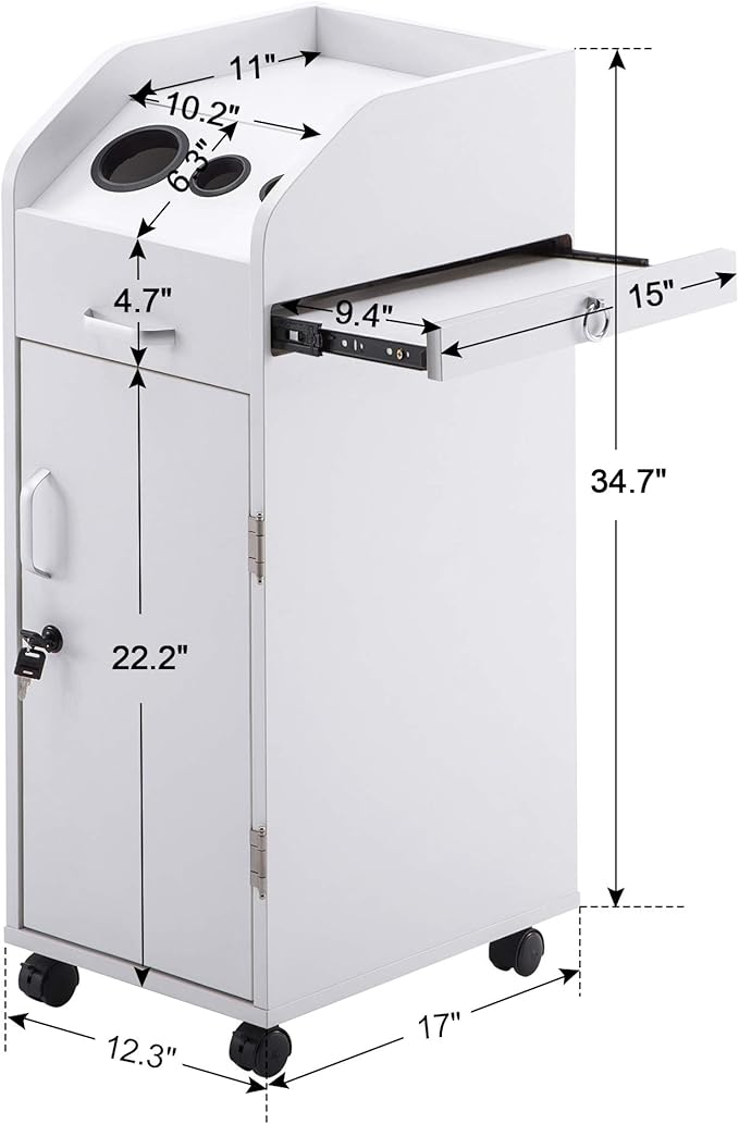 BarberPub Beauty Salon Trolley Storage Cart Hair Dryer Holder Stylist Equipment with Lockable Rolling Wheels, Drawer (White)