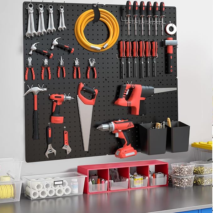 FZK Pegboard 32"*32",Black Pegboard 4pcs and 46 Peg Board Hooks with Strong Ribs Back Holds up for 200Ib,Peg Board Organizer for Walls for Garage Workshop Office