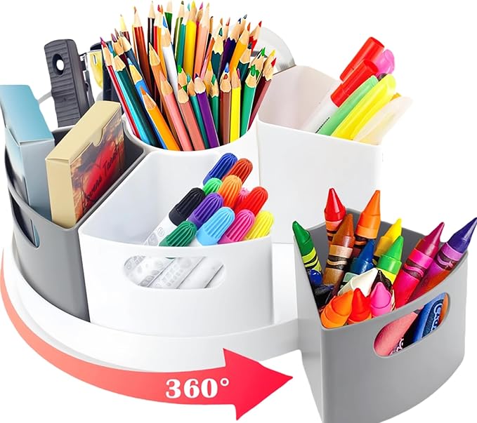 Rotating Art Supply Organizer Storage Caddy for Kids, 7 Bins Craft Crayon Marker Organizer for School Desk, Lazy Susan Pencil Holder for Classroom Organization, Homeschool Supplies