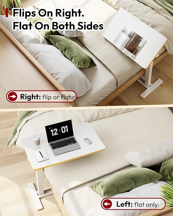 SANODESK Medical Adjustable Overbed Bedside Table with Casters 90° Tilt Top Pneumatic Mobile Rolling Laptop Computer Standing Desk Cart with Tray, Hospital and Home Use(27.6" W x 15.7" D, White)