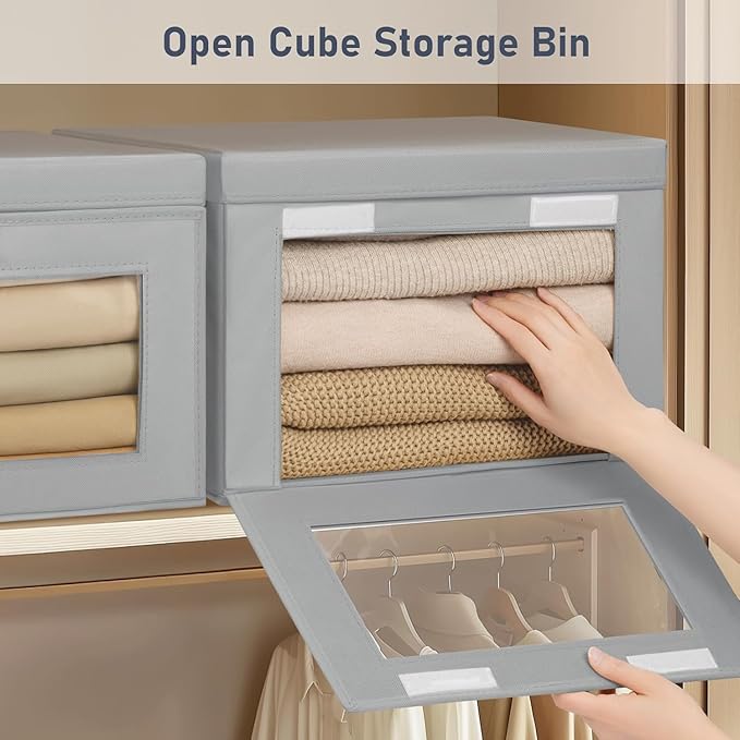 DIMJ Storage Bins with Lids - 4 Pack Large Fabric Closet Organizer with Window & Handles, Collapsible Decorative Storage Boxes for Shelves Under Bed, Books Clothes Blankets Sweaters Organization