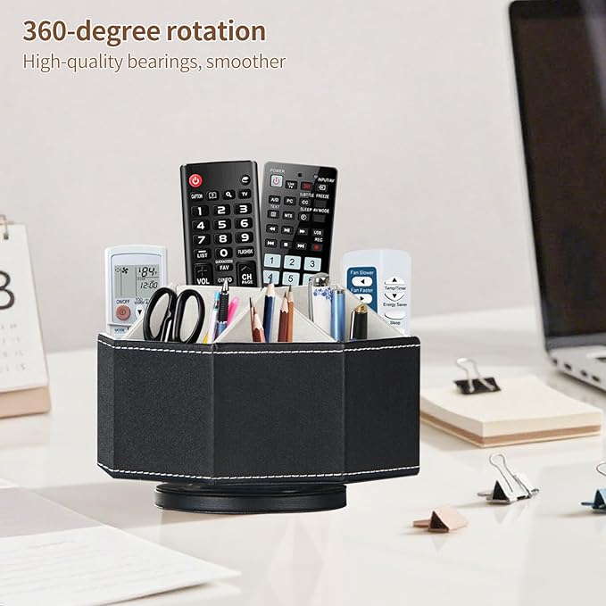 Remote Control Holder, Swivel 9 Rooms Desk Organizer and Decorations for Living Room, Leather Bedside Storage Caddy for TV Controllers/ Makeup Brush Pen/ Office Stationery/ Art Supplies/ Eyeglasses