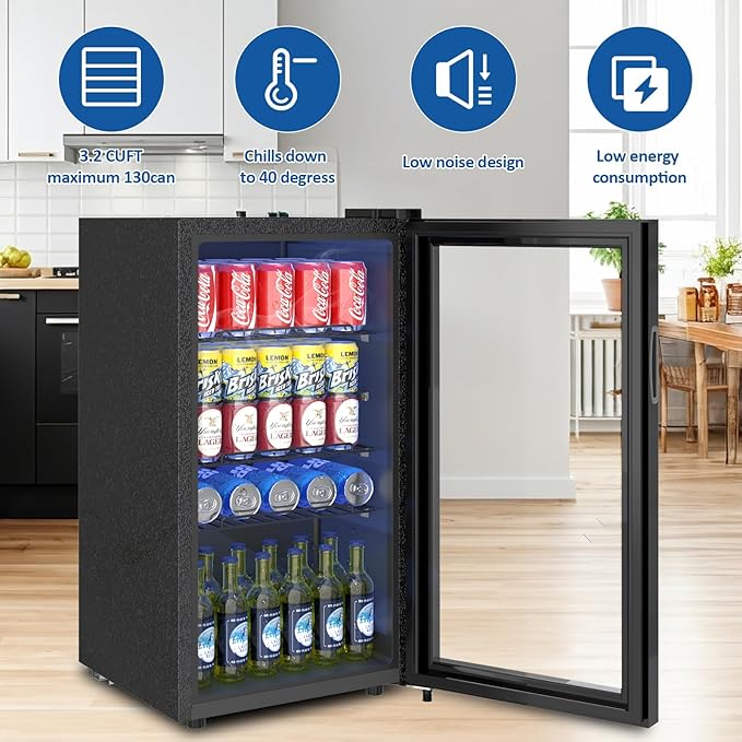 Beverage Refrigerator Cooler, 120 Can/3.2 Cu.Ft Mini Fridge with Glass Door and Electronic Temperature Control for Beer, Wine, Soda, Compact Drink Fridge for Home, Office, Bar