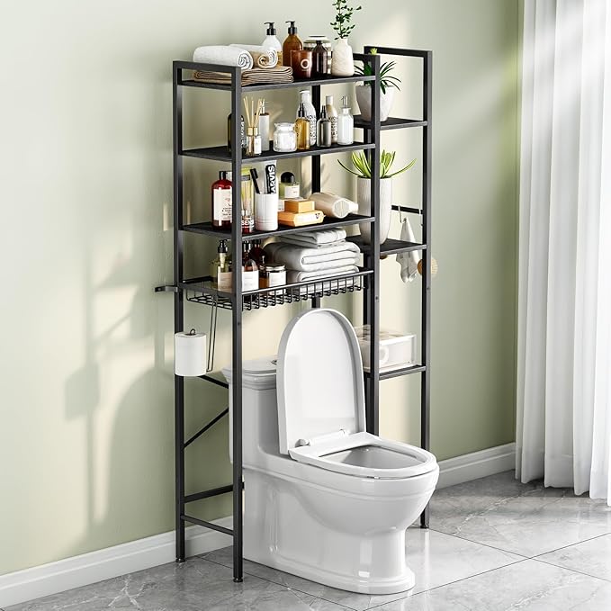 8-Tier Over The Toilet Storage with Side Rack, Over Toilet Storage Rack with Adjustable Shelf & Drain Basket, Freestanding Bathroom Organizer for Balcony, Laundry (Pure Black)