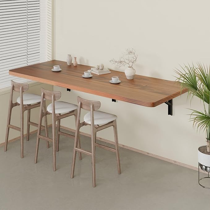IAE Floating Wall Mounted Folding Table Desk with Pine Wood,55" x 22" Foldable Workbench,Fold Down Wall Mounted Foldable Desk with Shelf Brackets,Laundry Folding Table for Home,Dining,Kitchen,Teak