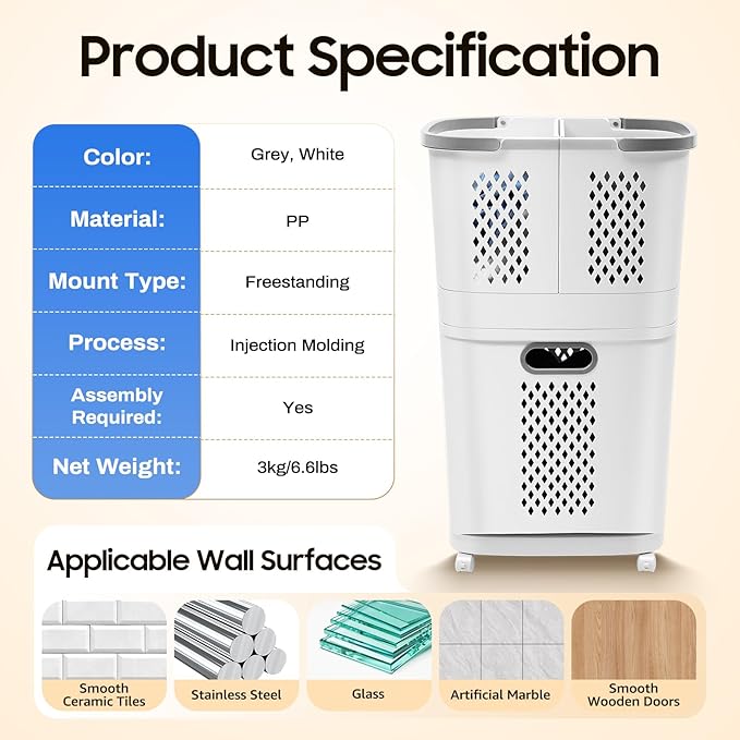 2-Tier Laundry Basket Sorter & Movable Laundry Hamper, Storage Organizer with 4 Wheels and Handles, Large Capacity Clothes Sorter for Bathroom Bedroom Laundry Room Closet Organization