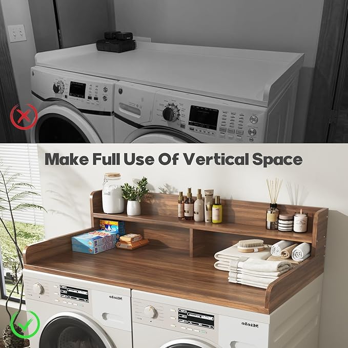 2-Tier Washer and Dryer Countertop with 2.75" H Guard,54" W x 27.5" D Laundry Countertop Cover with Non-Slip Pad,Large Space Laundry Topper for Folding Clothes Over Washer and Dryer-Dark Walnut