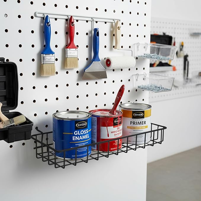 G.CORE Large Peg Board Baskets - 2 Pack Metal Shallow Tray Shelves for 1/4 Pegboards - Spray Bottle Holders Can Organizers for Garage Workbench Shop Hobby Craft Tool Organization (Black)