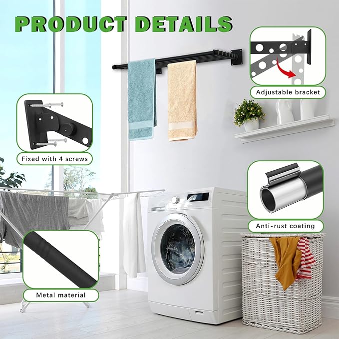 Wall Mounted Drying Rack, 43 Inches Wall Laundry Drying Rack Collapsible Indoor Clothes Drying Rack for Hanging Clothes
