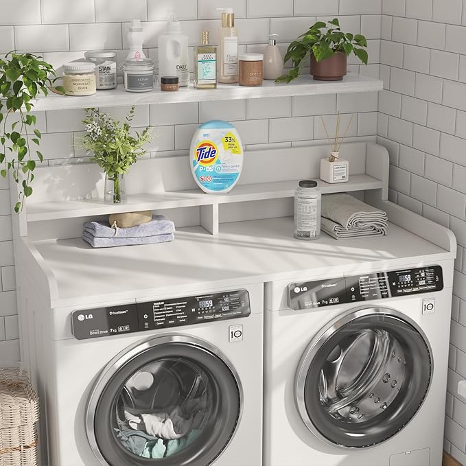 2-Tier Washer Dryer Countertop with 2.75" H Edge Rails, 58" W x 28" D Laundry Countertop for Folding Clothes, Washer and Dryer Topper with Non-Slip Pad (White)