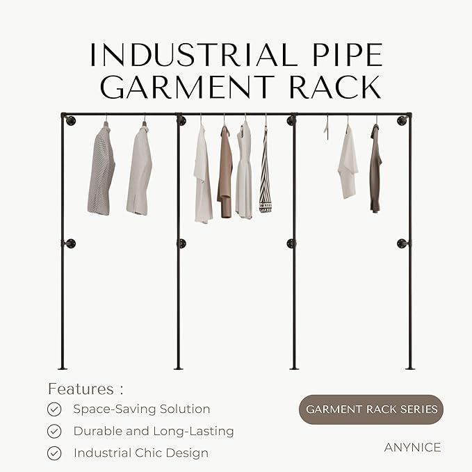 Industrial Pipe Clothing Rack, Heavy Duty Wall Mounted Clothes Rack, Retail Display Hanging Garment Rod for Laundry Rooms, Closet Storage 14.6x110x82.7 Inches, Model K07
