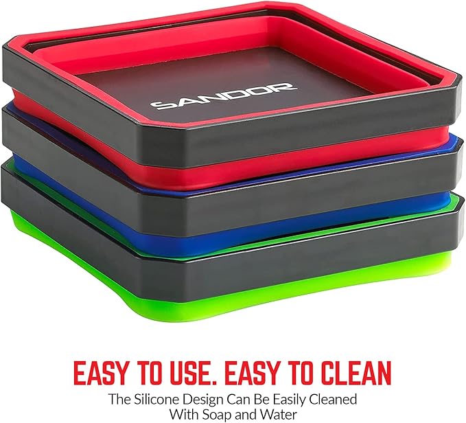 SANDOR Collapsible Magnetic Parts Tray Set - (Pack of 3) Tool Trays for Screw, Bolts, Nuts, Washers, Pins and Other Small Metal Parts - 4.25 Inch Square - Red, Blue, and Green
