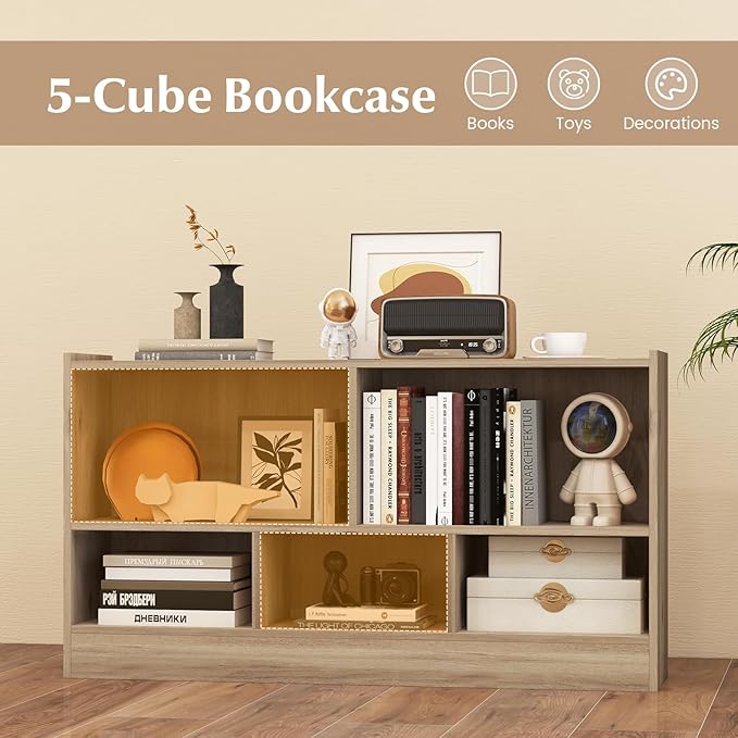 Giantex 5-Cube Bookcase, Freestanding 3-Tier Bookshelf with Spacious Top & Raised Base, Modern Display Storage Organizer, Multipurpose Book Shelf for Living Room, Bedroom, Playroom (Natural)