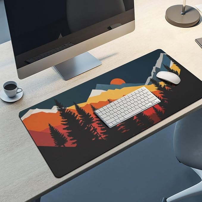 Colorful Mountain Forest Large Mouse Pad, Vintage Aesthetic Gaming Desk Mat, XXL Keyboard Desk Pad Mat for Desktop, 35.4"x15.7" Non-Slip Base Big Mousepad with Stitched Edges