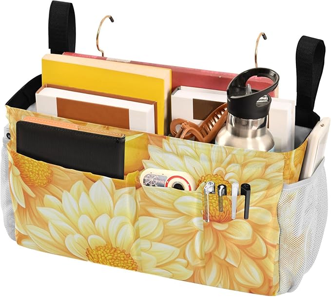 Bright Yellow Chrysanthemum Flowers and Lemon Bedside Caddy for Dorm Bed Bedside Hanging Caddy Bag Iron Frame Storage Organizer Pocket for Bunk Home College Hospital Beds 2 Hooks