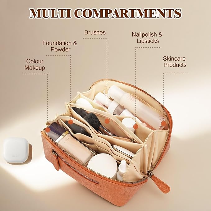 Travel Makeup Bag Large Capacity Cosmetic Bags for Women Waterproof Make up Organizer Toiletry Bag Open Flat Portable with Divider with Handle Pouch (Brown, 3L)