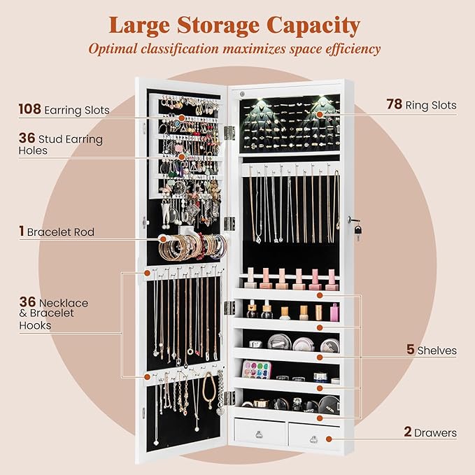 Giantex Jewelry Armoire Wall Door Mounted, Lockable Jewelry Cabinet with 42.5'' Full Length Mirror, 2 LEDs Jewelry Organizer Box with 2 Drawers, Mirror with Jewelry Storage (White)