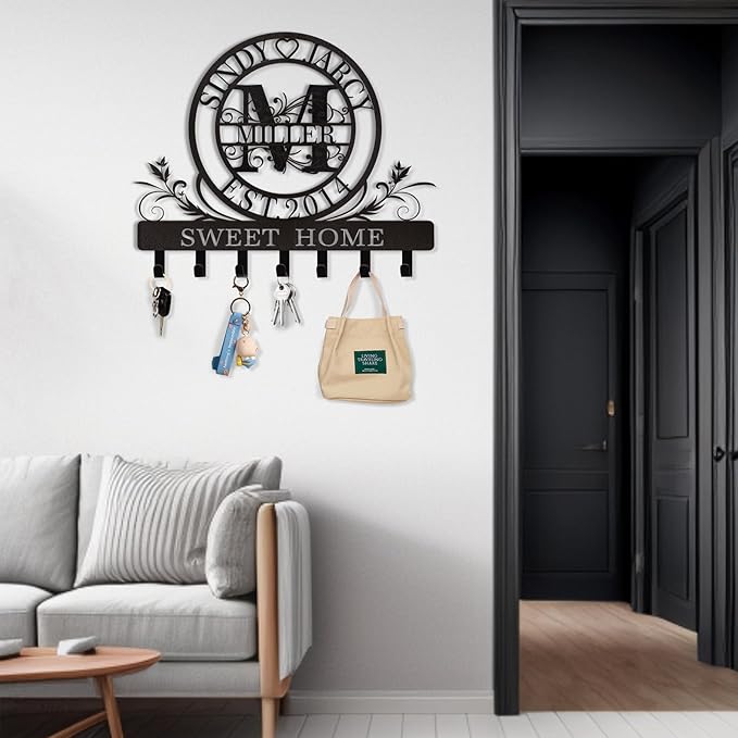 Personalized Key Holder for Wall, Custom Family Name Metal Wall Key Hanger, Key Hooks with Monogram Design, Key Rack Holder Wall Mount for Living Room Bedroom, Anniversary Couple Gift