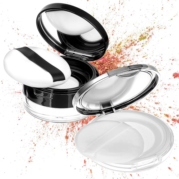 2 Pcs Loose Powder Containers, 0.7/0.17 Ounce Foundation Container Portable Empty Travel Makeup Containers Reusable Powder Puff Case with Puff Mirror Net Sifter for Women Travel Daily Carrying