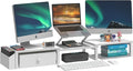 LAND·VOI Heavy Duty Dual Monitor Stand, Holds 2 Screens Up to 27 Inches, Adjustable Length and Angle Monitor Riser, Desk Organizer with Side Pockets and Drawers, Home Office Desk Storage, White