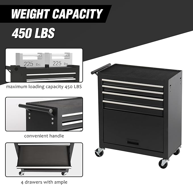 4-Drawer Rolling Tool Chest, Cabinet with 4 Wheels Tool Chest with Drawers, Suitable for Garages, Warehouses, Workshops, Repair Shops (4-Drawer Black)